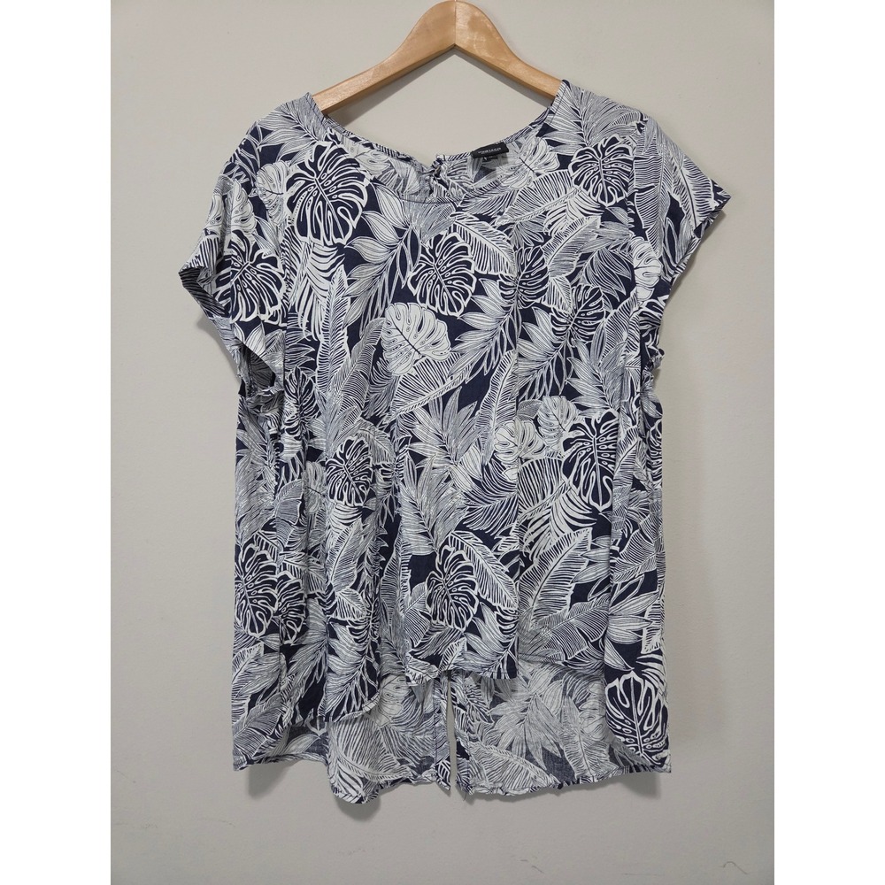 Jones New York Jones & Co Blue White Tropical Linen Blend Button Back Blouse 1X